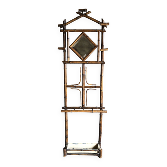 Vintage bamboo rattan coat rack, with beveled diamond mirror