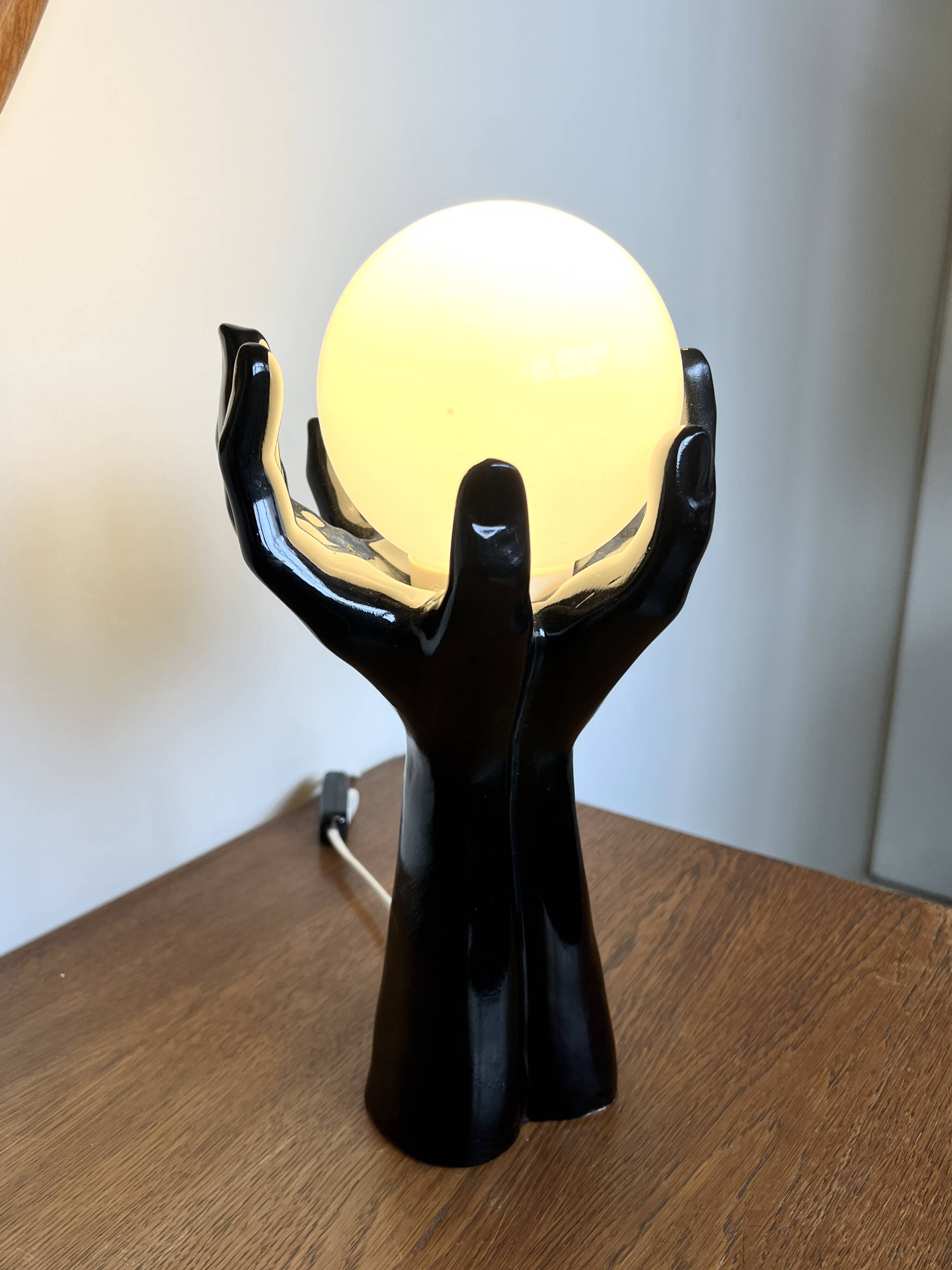 Black Ceramic Lamp with Hands & Opaline Globe – 70s Art Deco Style