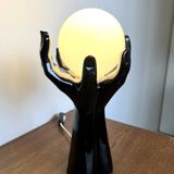 Black Ceramic Lamp with Hands & Opaline Globe – 70s Art Deco Style