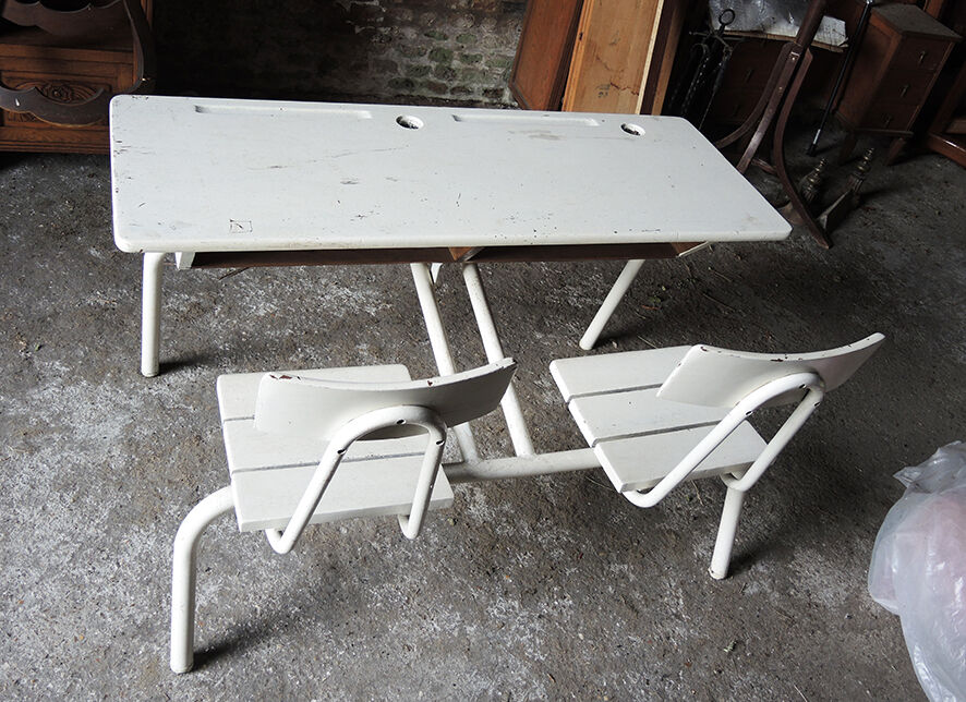 Former double school desk in white painted wood