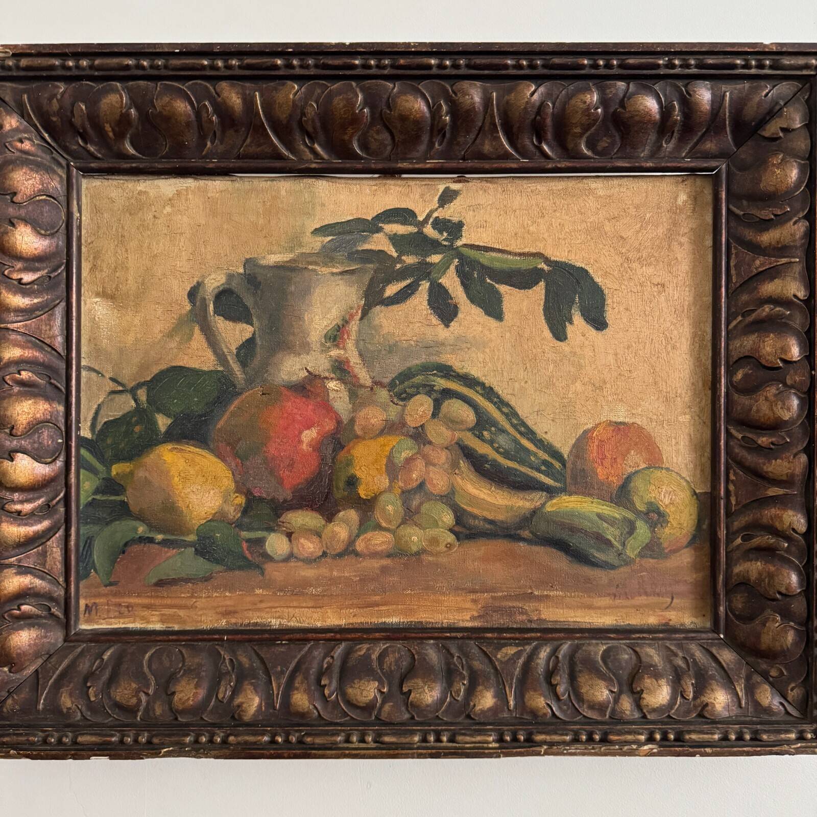 Oil on canvas by M. Rery still life with fruits and vegetables 20th century