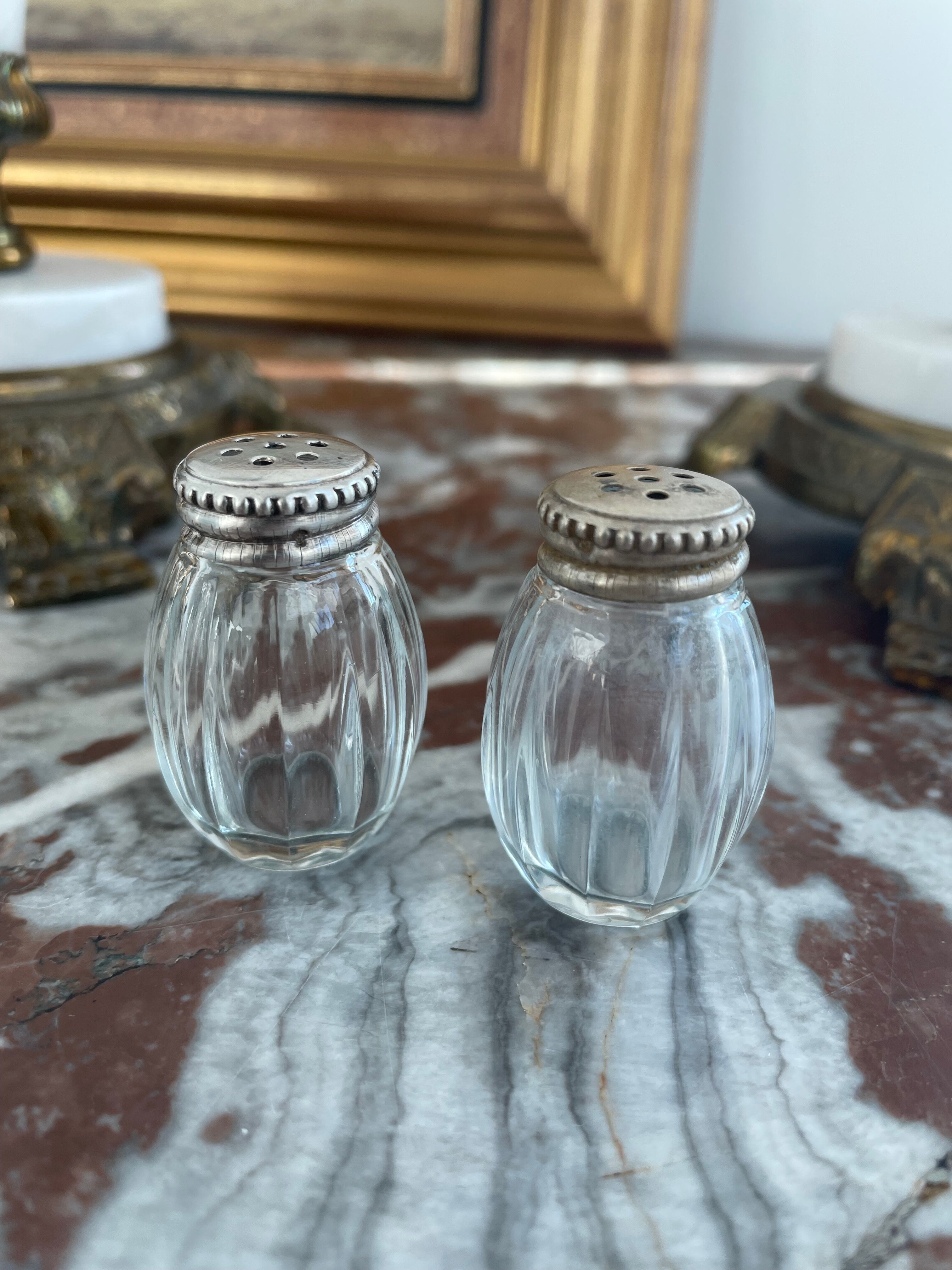 Set of 4 salerons, Christofle goldsmithery, solid silver, pressed molded glass