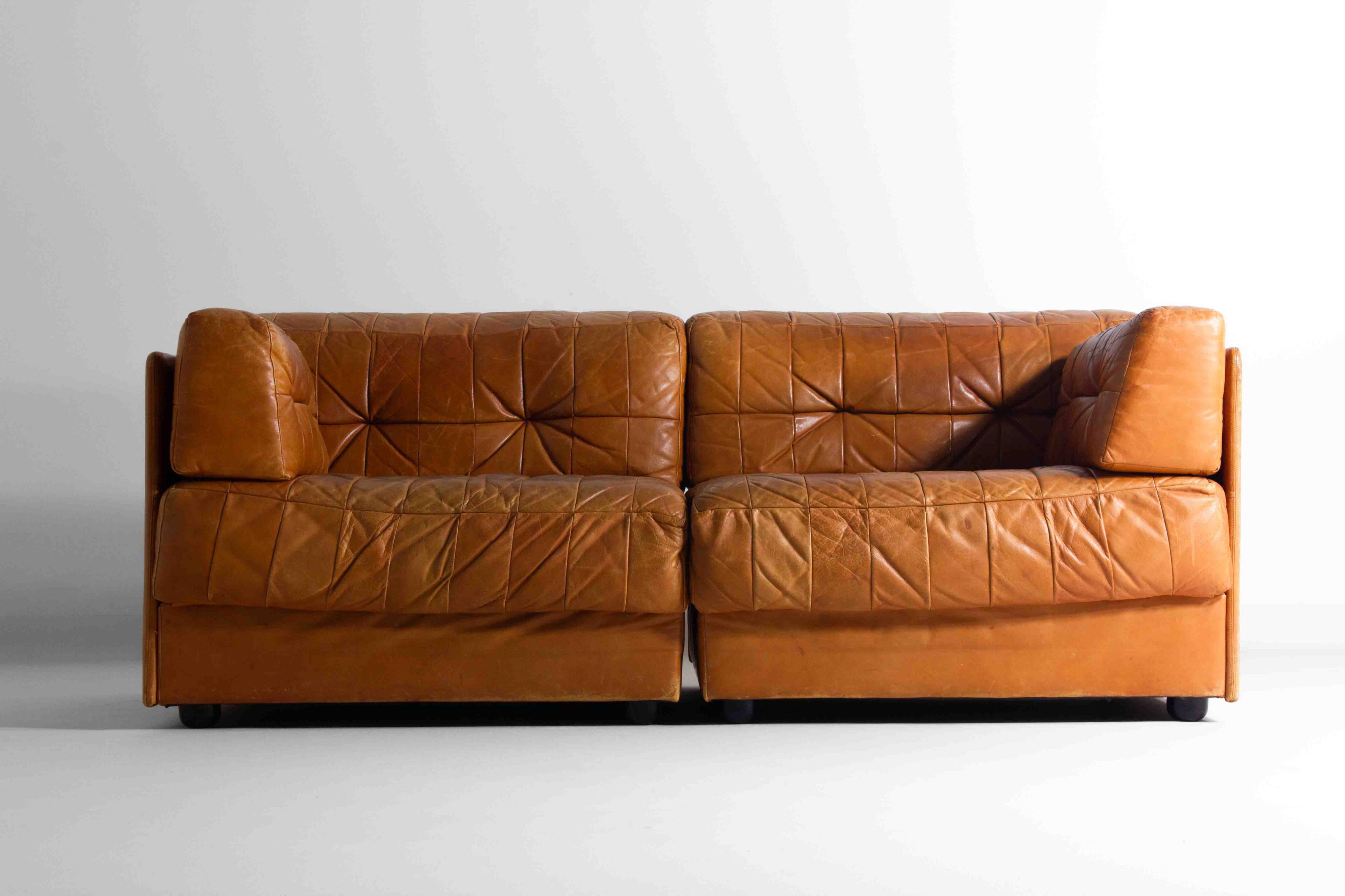 Vintage patchwork leather sofa in caramel leather, Germany 1960s