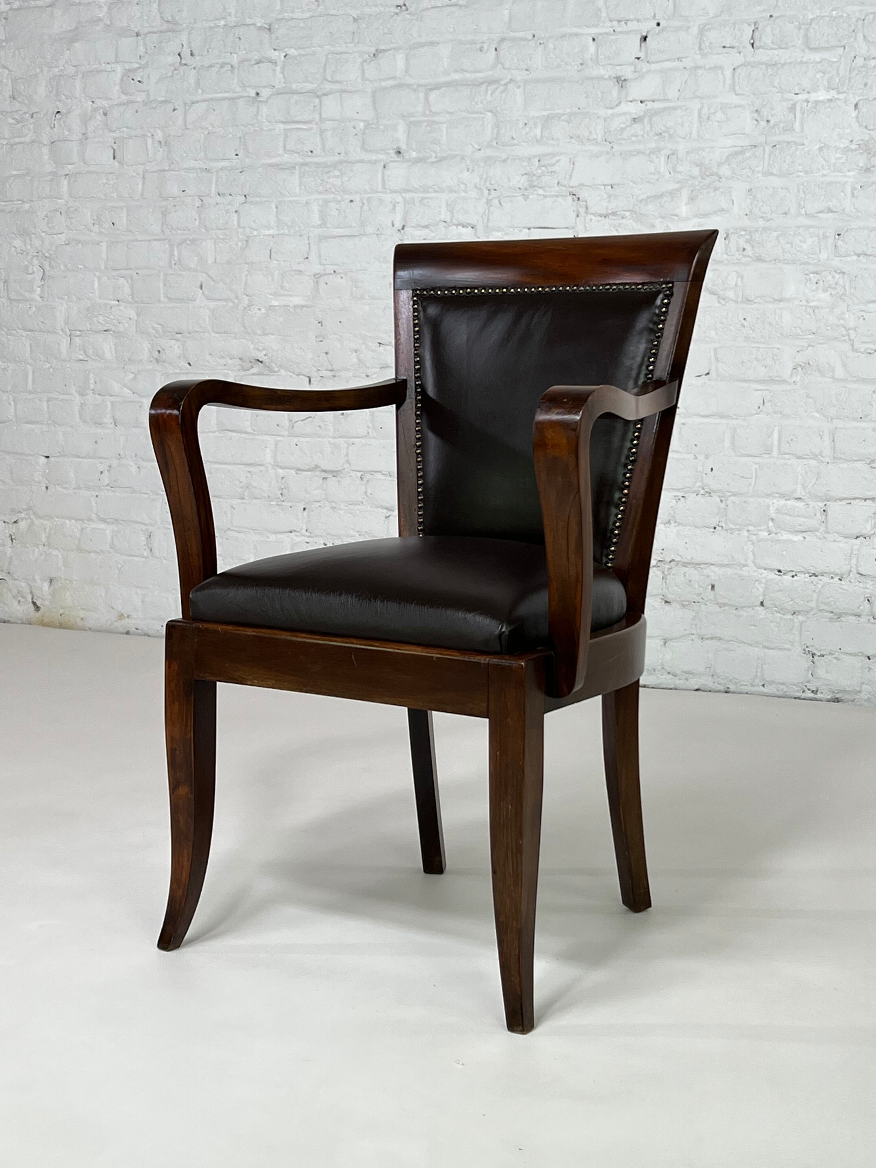 Fauteuil de bureau style Empire en bois et cuir