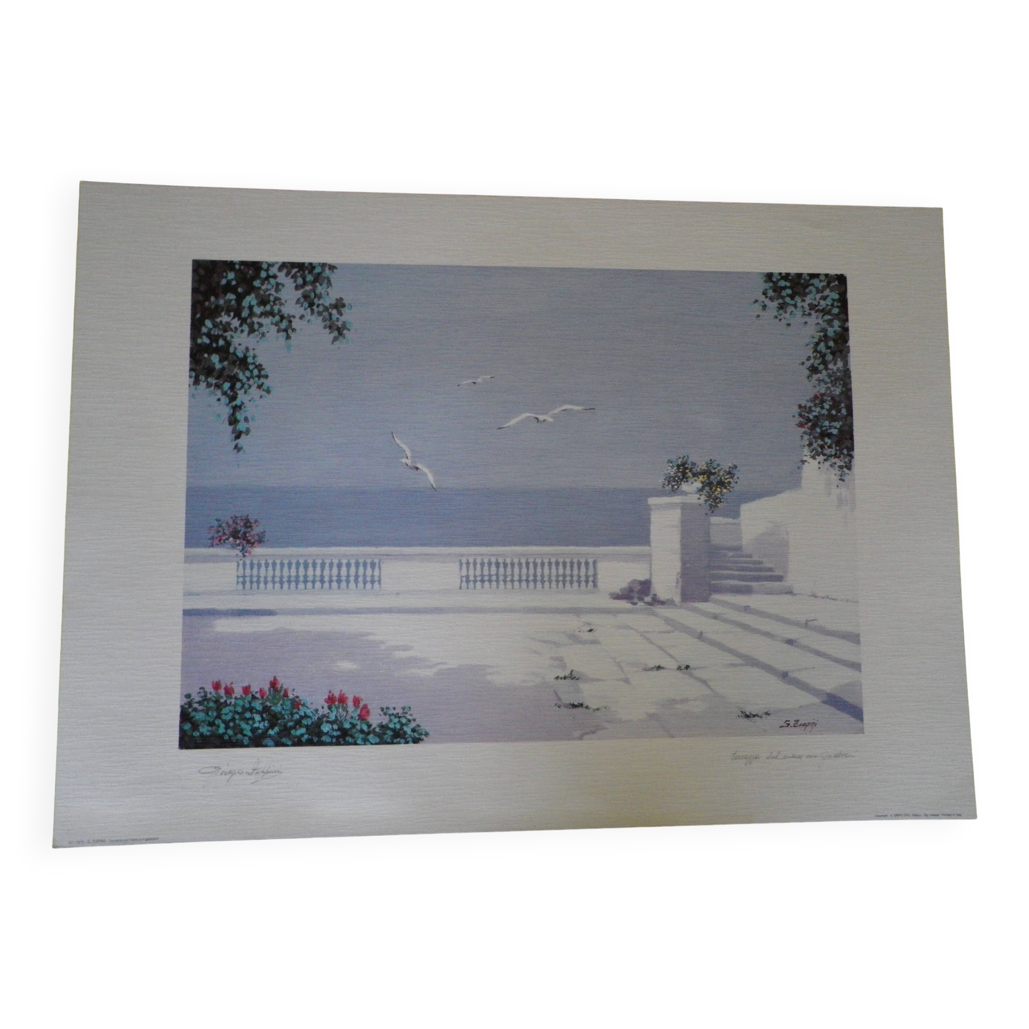 Giorgio Zuppini, Terrace by the Sea with Seagulls, Lithograph, 1970