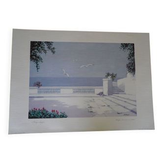 Giorgio Zuppini, Terrace by the Sea with Seagulls, Lithograph, 1970