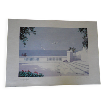 Giorgio Zuppini, Terrace by the Sea with Seagulls, Lithograph, 1970