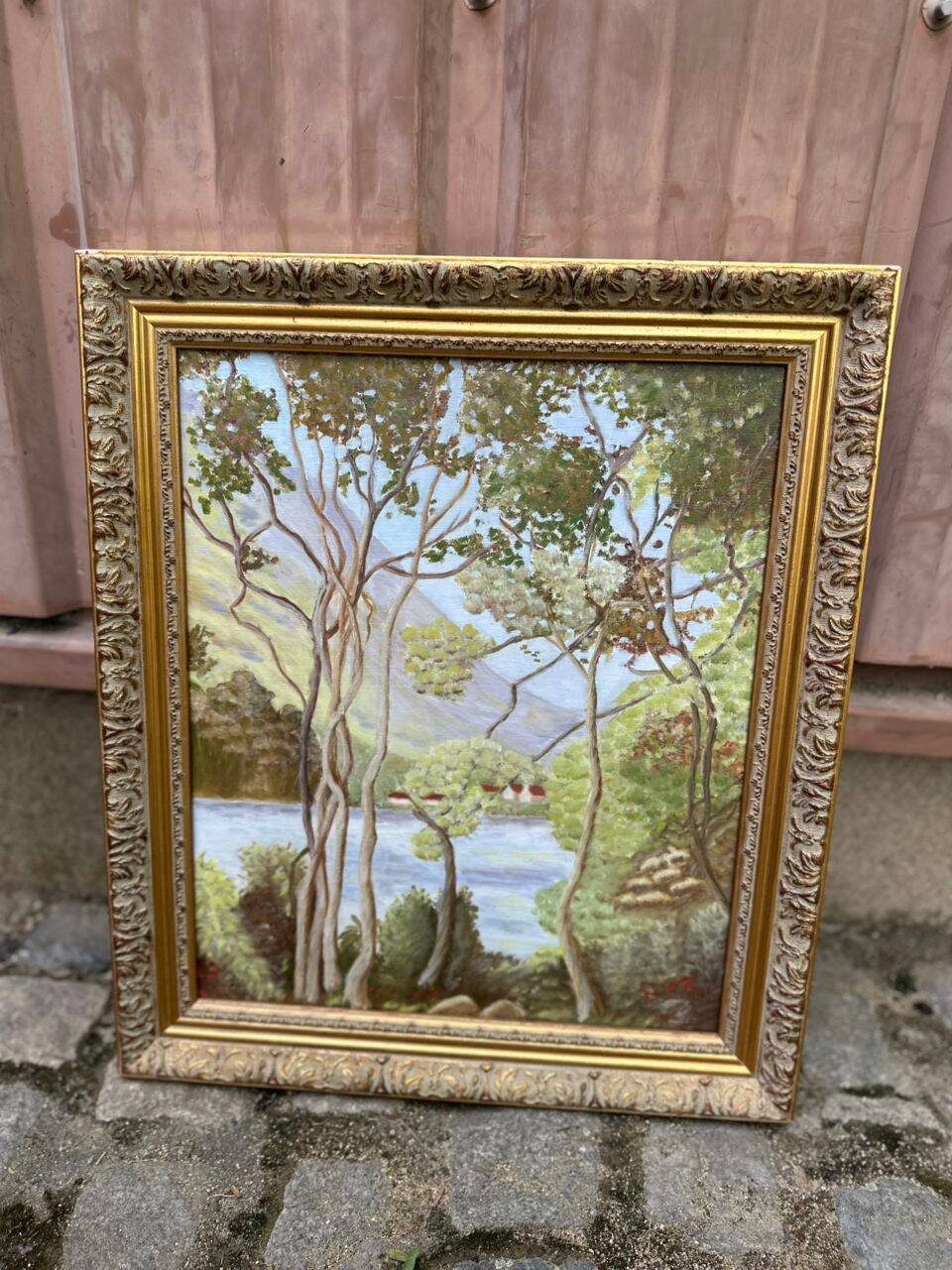 Landscape painting of a lakeside from the 20th century, 56x48cm.
