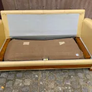 Art Deco 3-seater convertible sofa in genuine beige leather and red fabric from the 1980s.