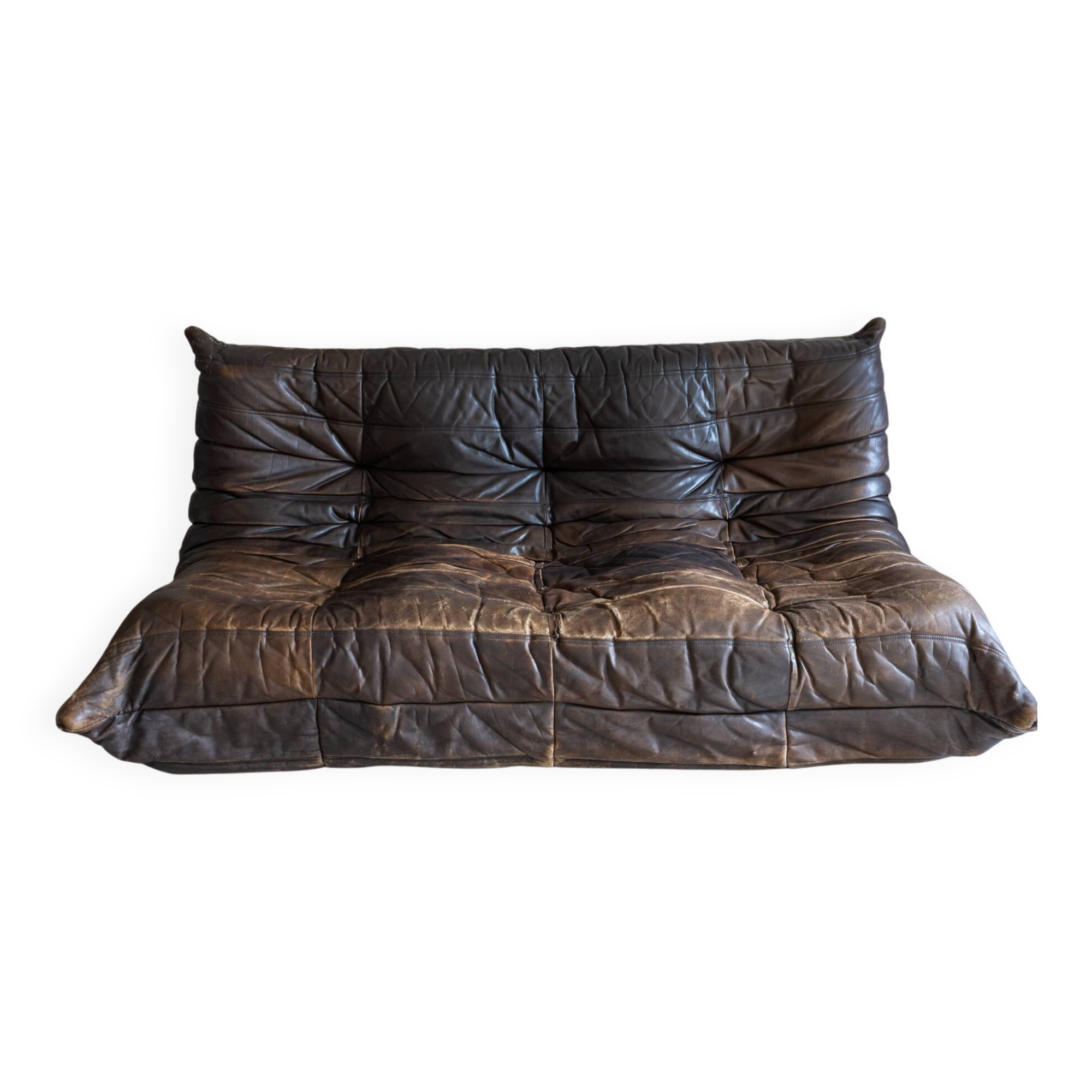 Togo sofa Ligne Roset 3-seater – Vintage brown leather from the 70s