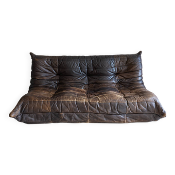 Togo sofa Ligne Roset 3-seater – Vintage brown leather from the 70s