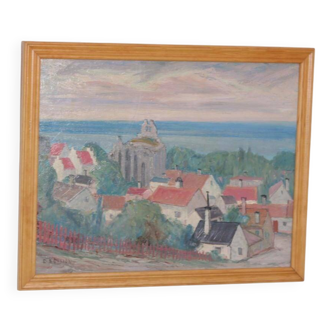 Original Swedish Oil on Panel – “Village Scene” by E. R. Olsson