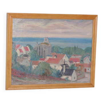 Original Swedish Oil on Panel – “Village Scene” by E. R. Olsson
