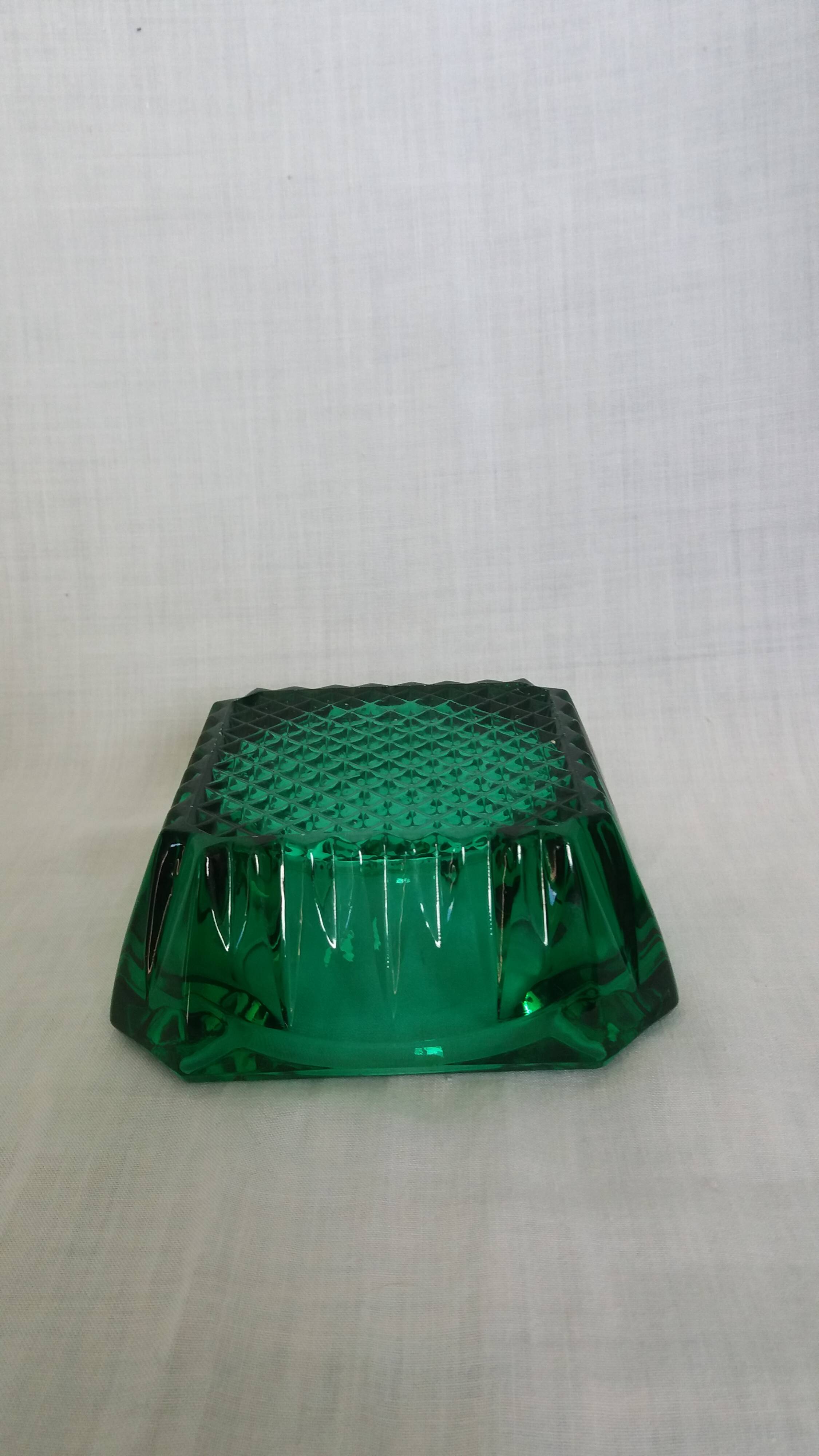Emerald green glass ashtray, Arques crystal glassware.
