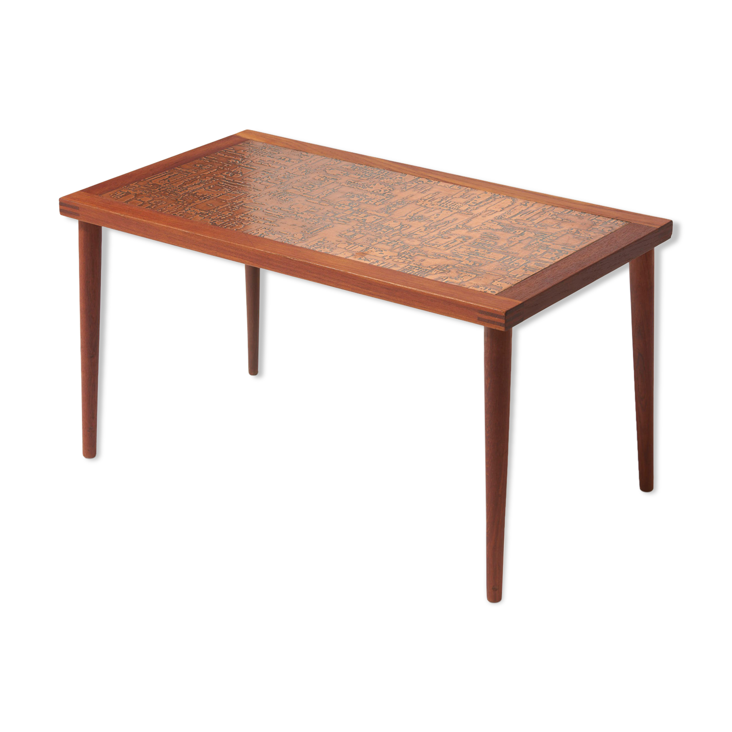 Table basse scandinave en teck et tablette en cuivre