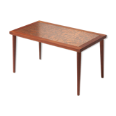 Table basse scandinave en teck et tablette en cuivre