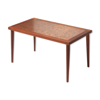 Table basse scandinave en teck et tablette en cuivre