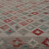 Geometric Kilim Rug Grey, Afghan Wool Carpet Handmade, Neutral Rustic Home