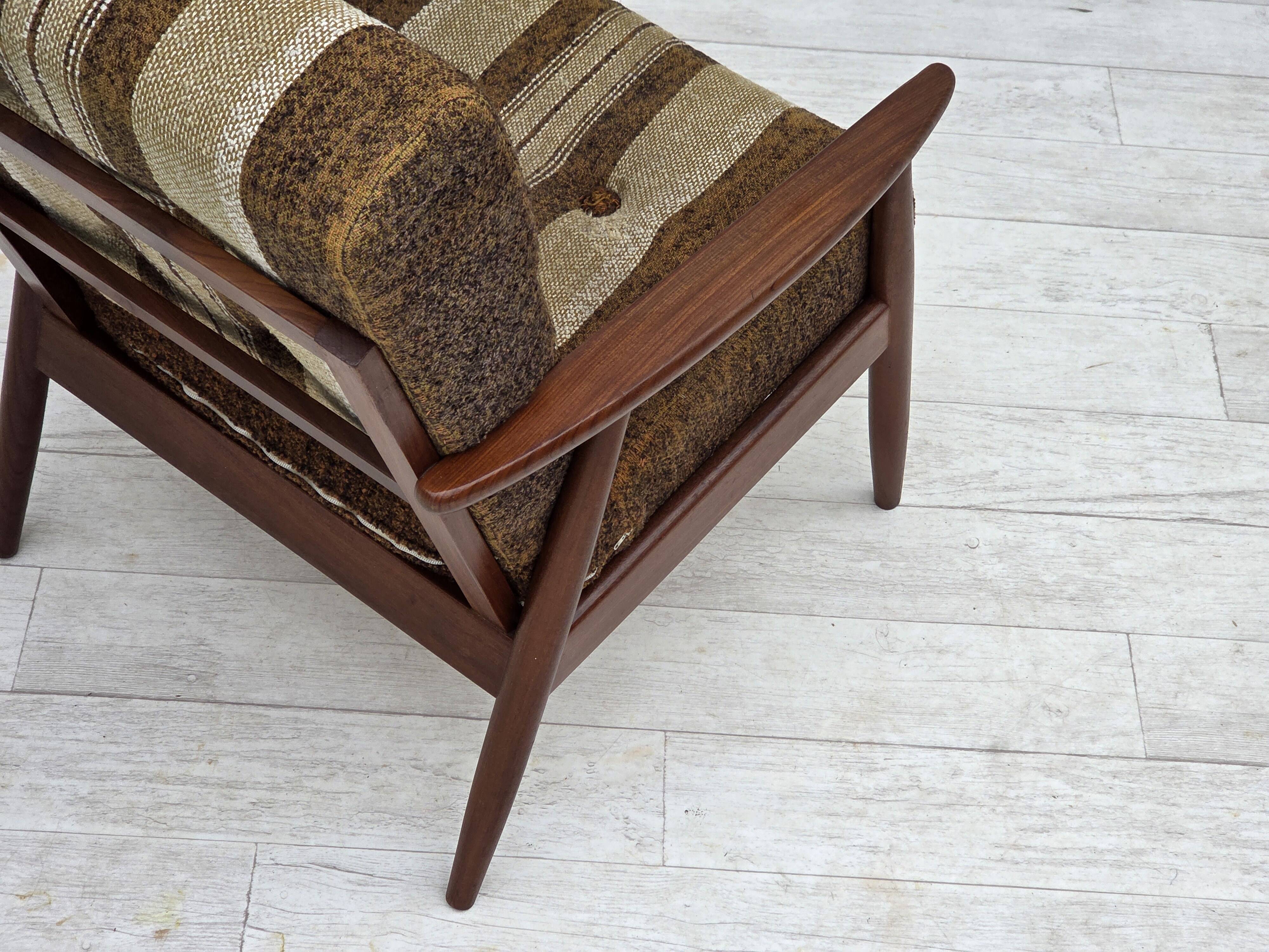 1970s, Danish armchair, teak wood, furniture wool fabric.