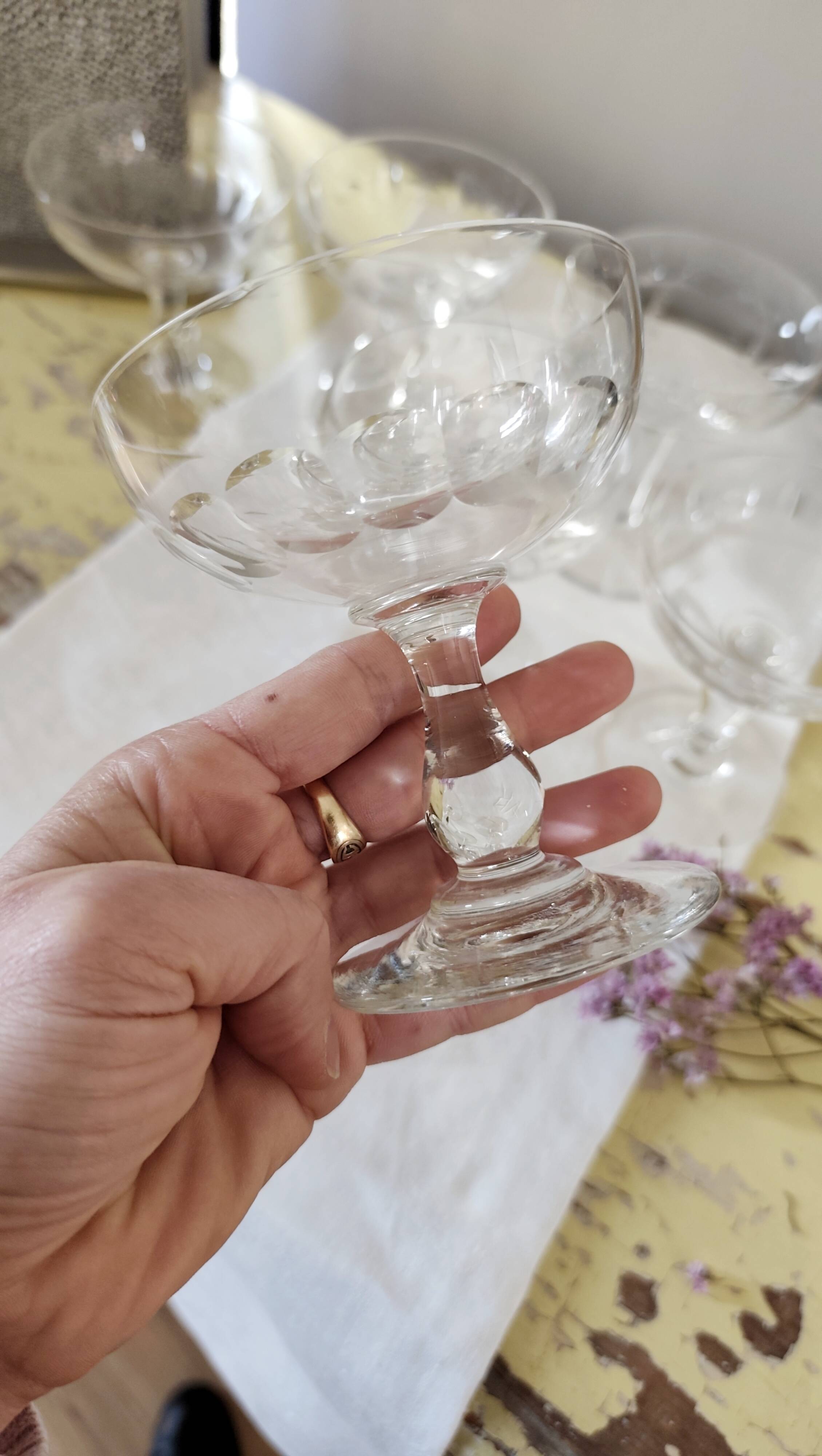 Set of 6 mismatched old crystal champagne glasses