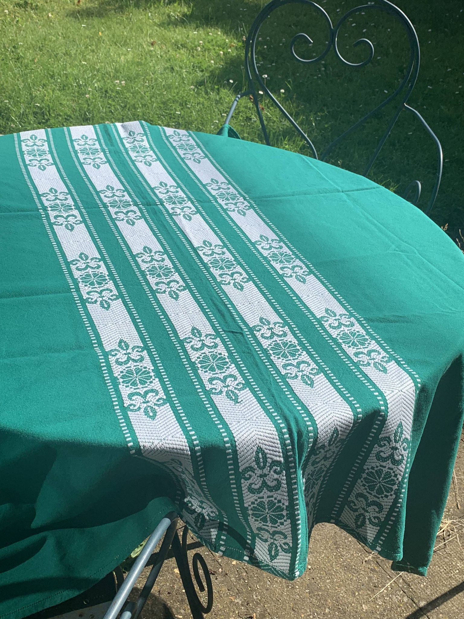 Helena Biarritz tablecloth, made in France, Basque linen, green with white embroidery, Vintage