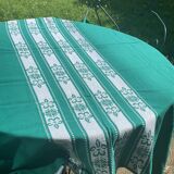 Helena Biarritz tablecloth, made in France, Basque linen, green with white embroidery, Vintage
