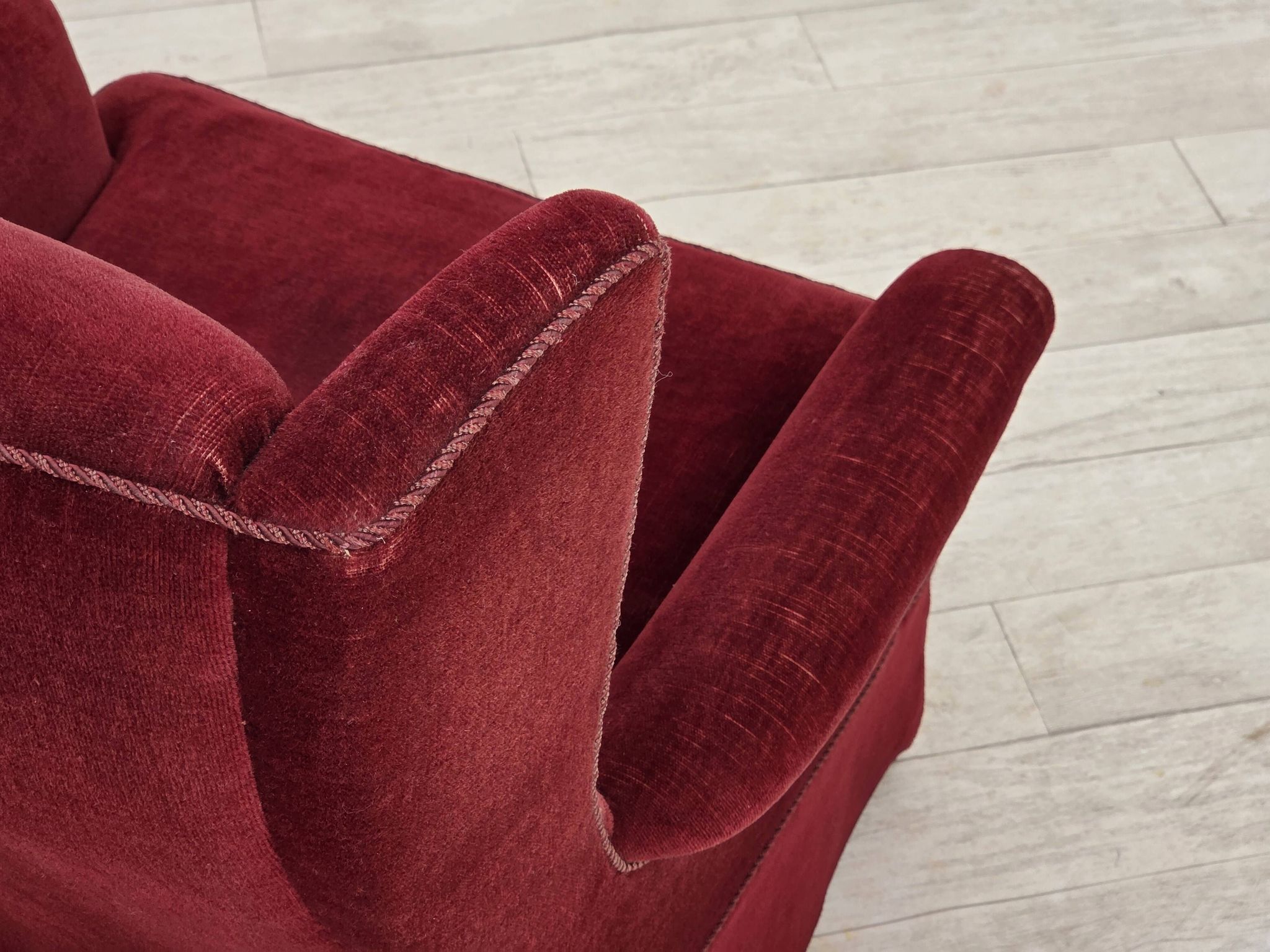 1970s, Danish highback chair, cherry-red furniture velour, ash wood legs.