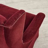 1970s, Danish highback chair, cherry-red furniture velour, ash wood legs.