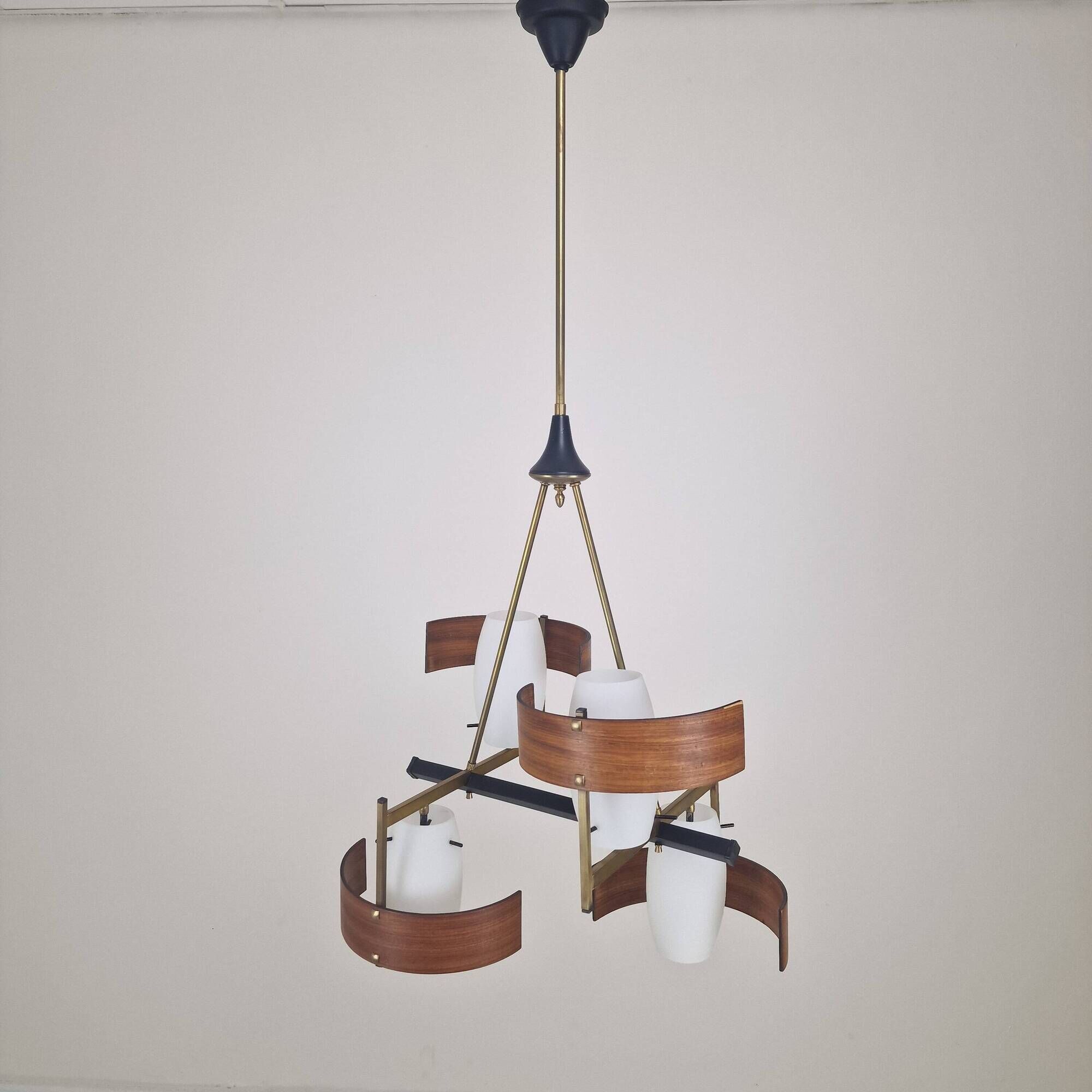 Italian Brass, Teak and Opaline Glass Chandelier by Stilnovo, 1960's