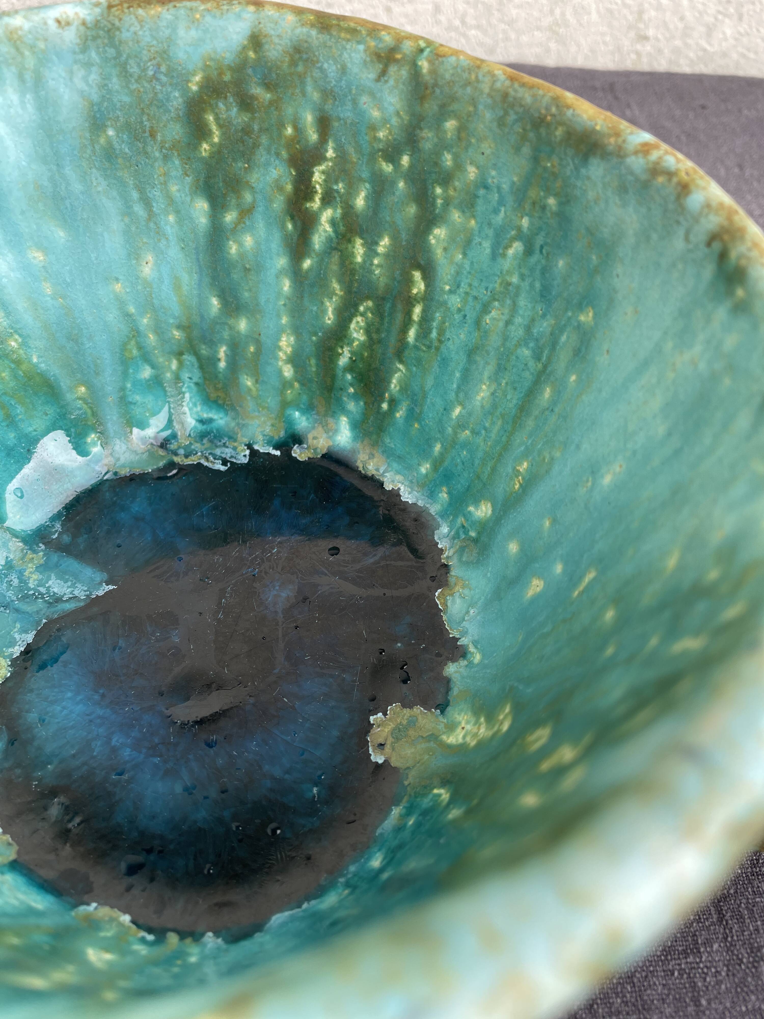 Stoneware bowl with handles, signed handmade ceramic.