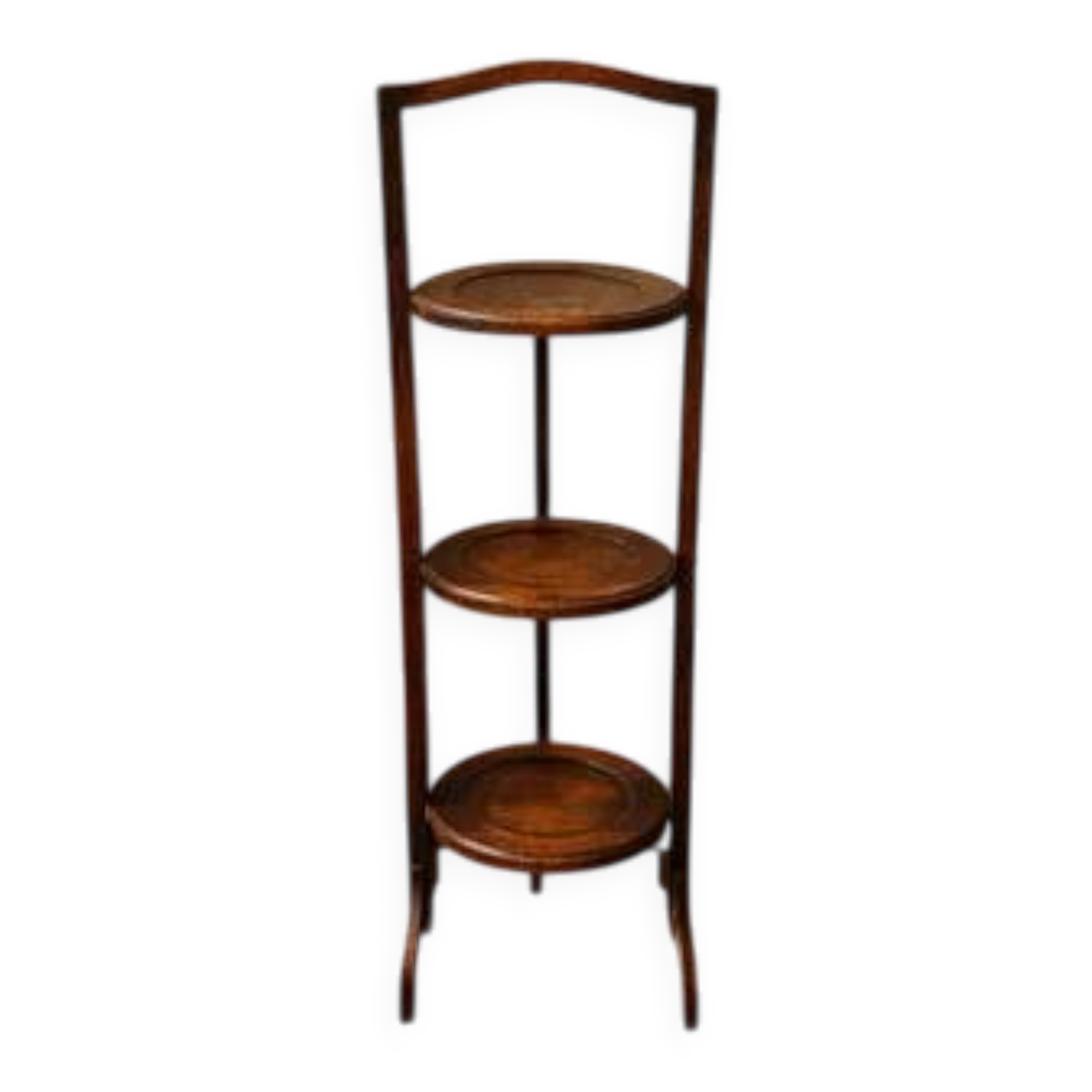 Vintage 3-tier cake stand in dark wood, 1920s serving display.