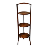 Vintage 3-tier cake stand in dark wood, 1920s serving display.