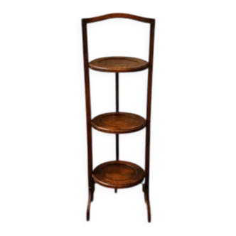 Vintage 3-tier cake stand in dark wood, 1920s serving display.