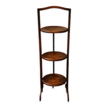 Vintage 3-tier cake stand in dark wood, 1920s serving display.