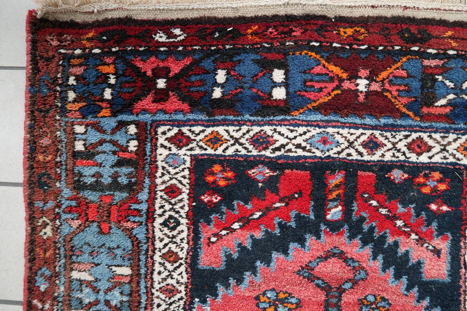 Antique Persian Handmade Hamadan Runner Rug, 3.4' x 7.7' (106cm x 237cm), 1920s