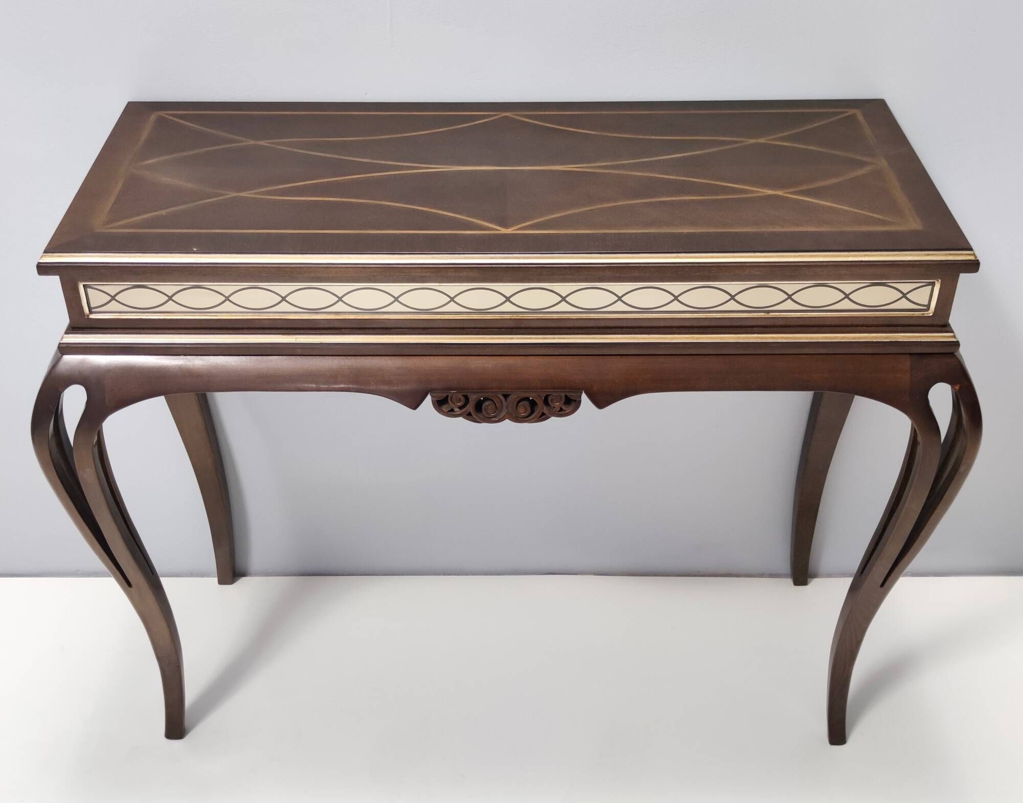 Vintage Rectangular Solid Walnut Console Table with Engraved Mirror Motif, Italy