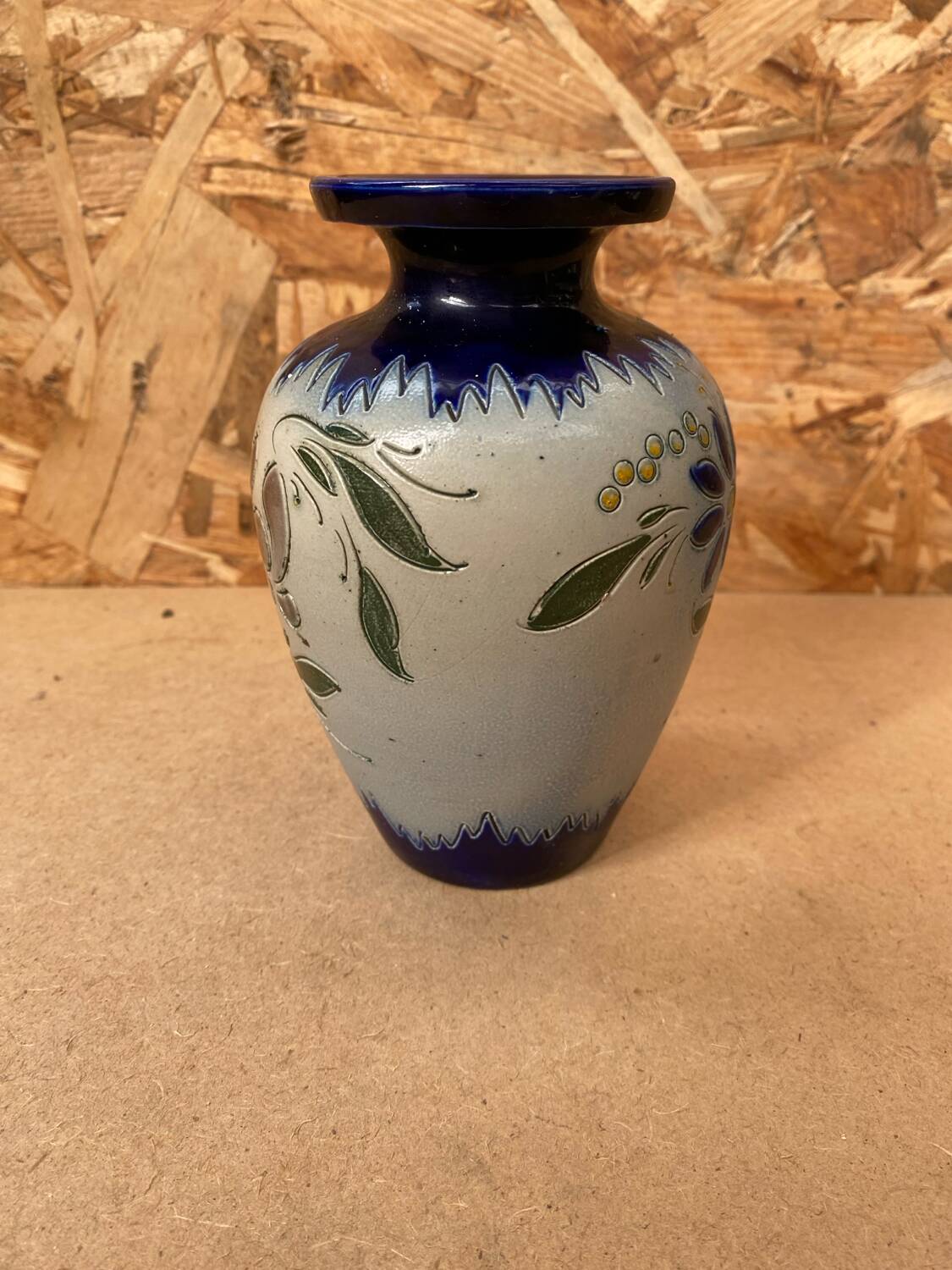 Ancien vase soliflore betschdorf schmitter grès bleu décor fleurs vintage #b647