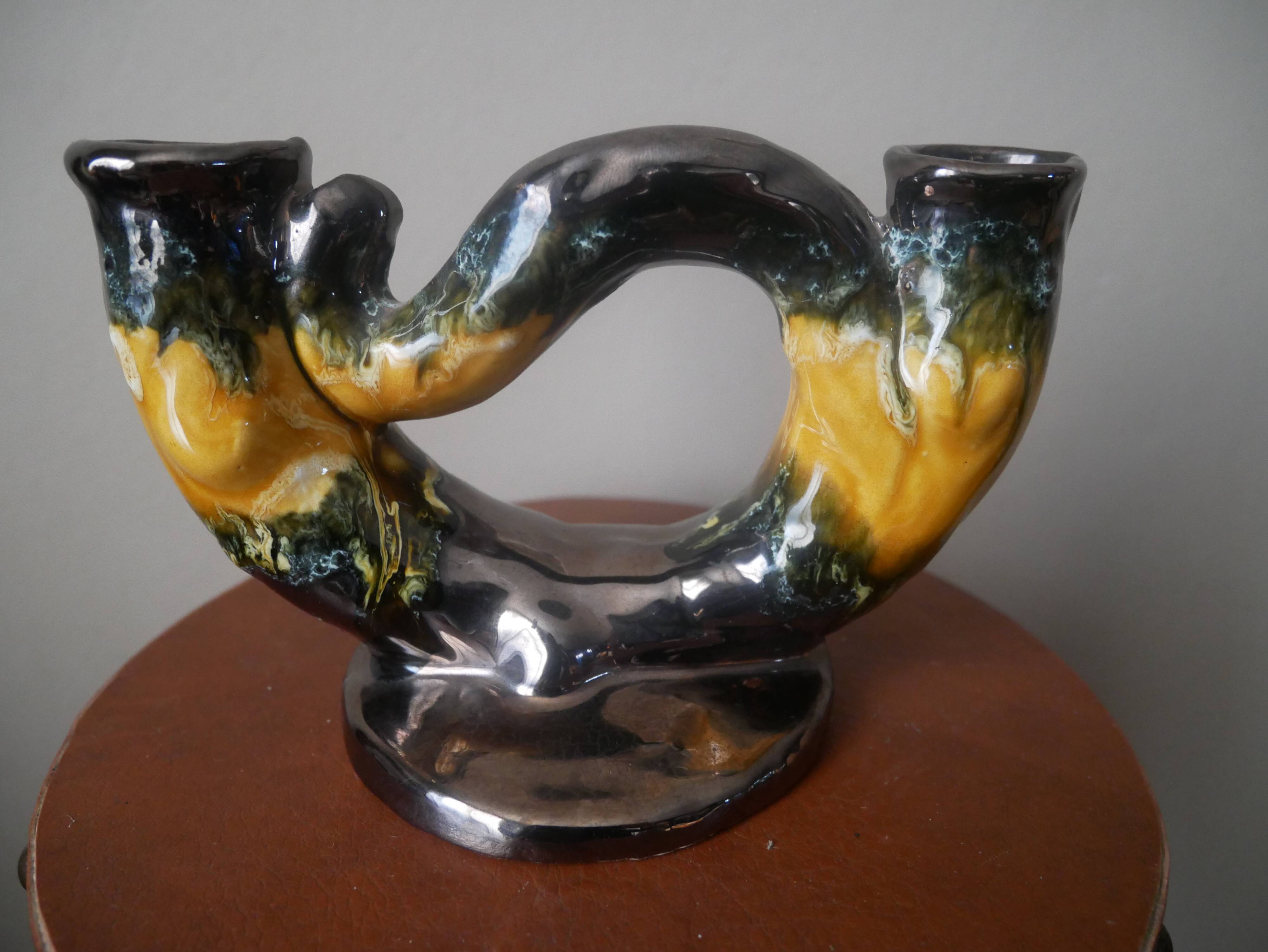 Candlestick candle holder candelabra vintage ceramic Vallauris handmade pottery