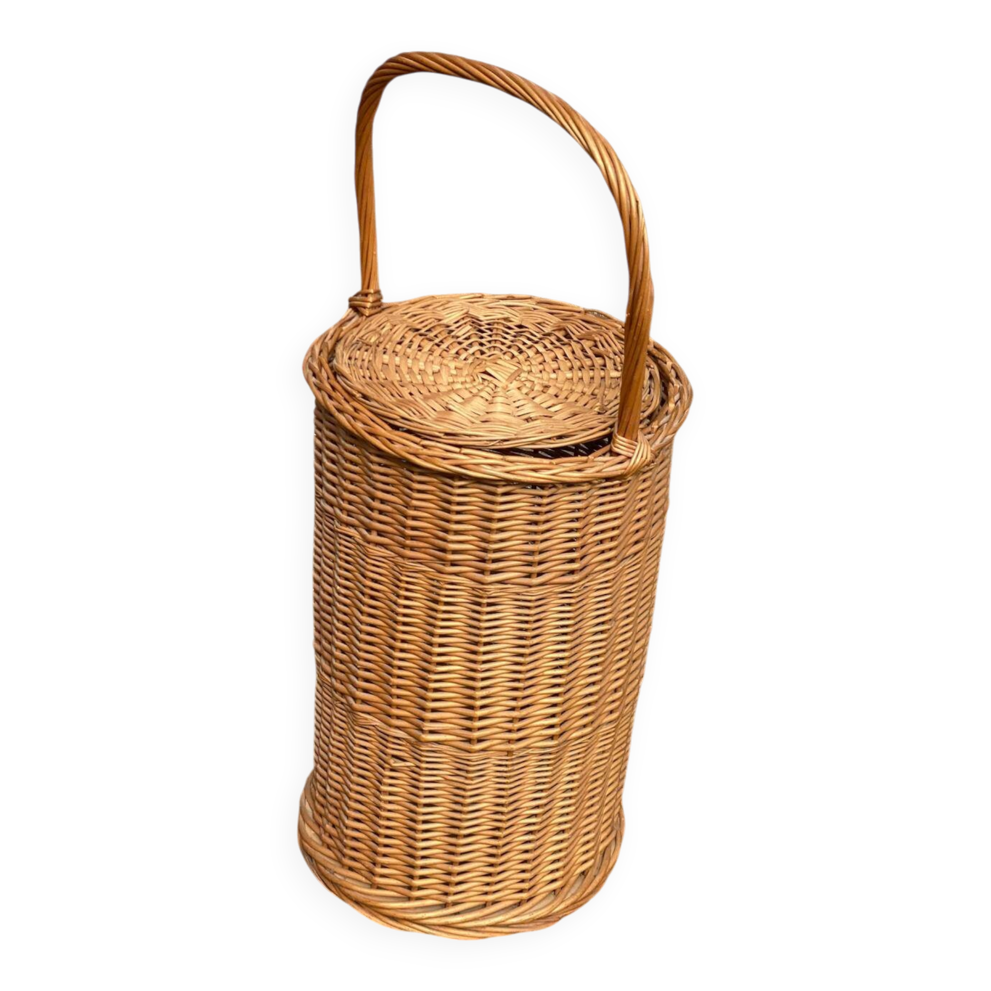 Round woven rattan and wicker umbrella holder with handle