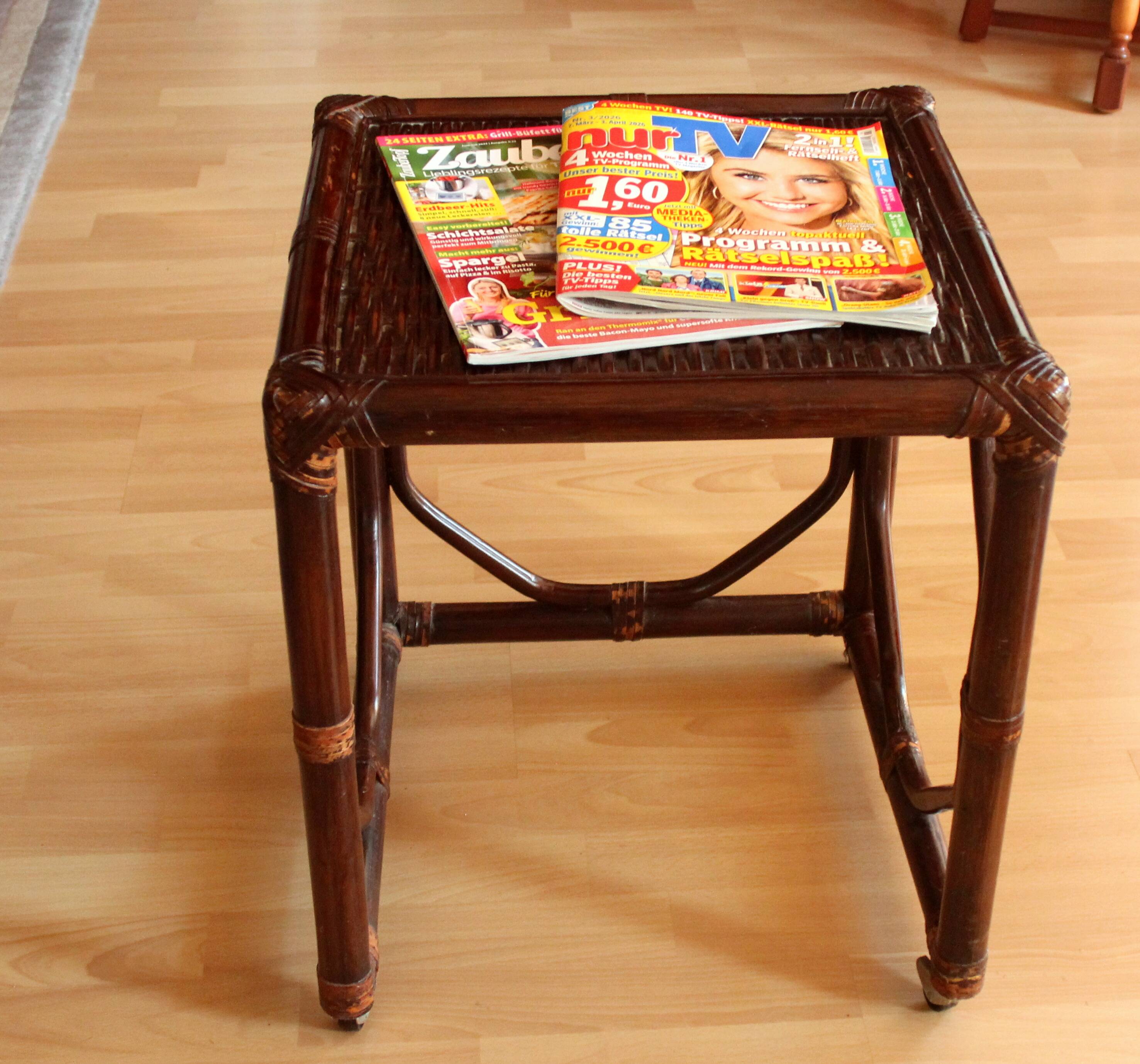 Small side table on rolls made of rattan, bamboo and wood, handmade Vintage