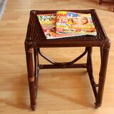 Small side table on rolls made of rattan, bamboo and wood, handmade Vintage