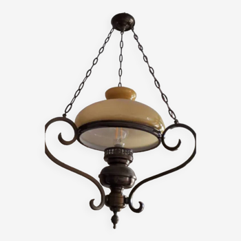 Wrought iron chandelier amber glass