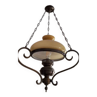 Wrought iron chandelier amber glass