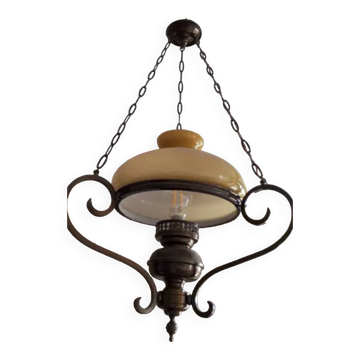 Lustre fer forgé verre ambré