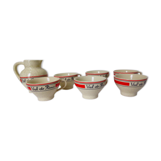 Set of 6 bowls of vintage French cider in porcelain and pitcher