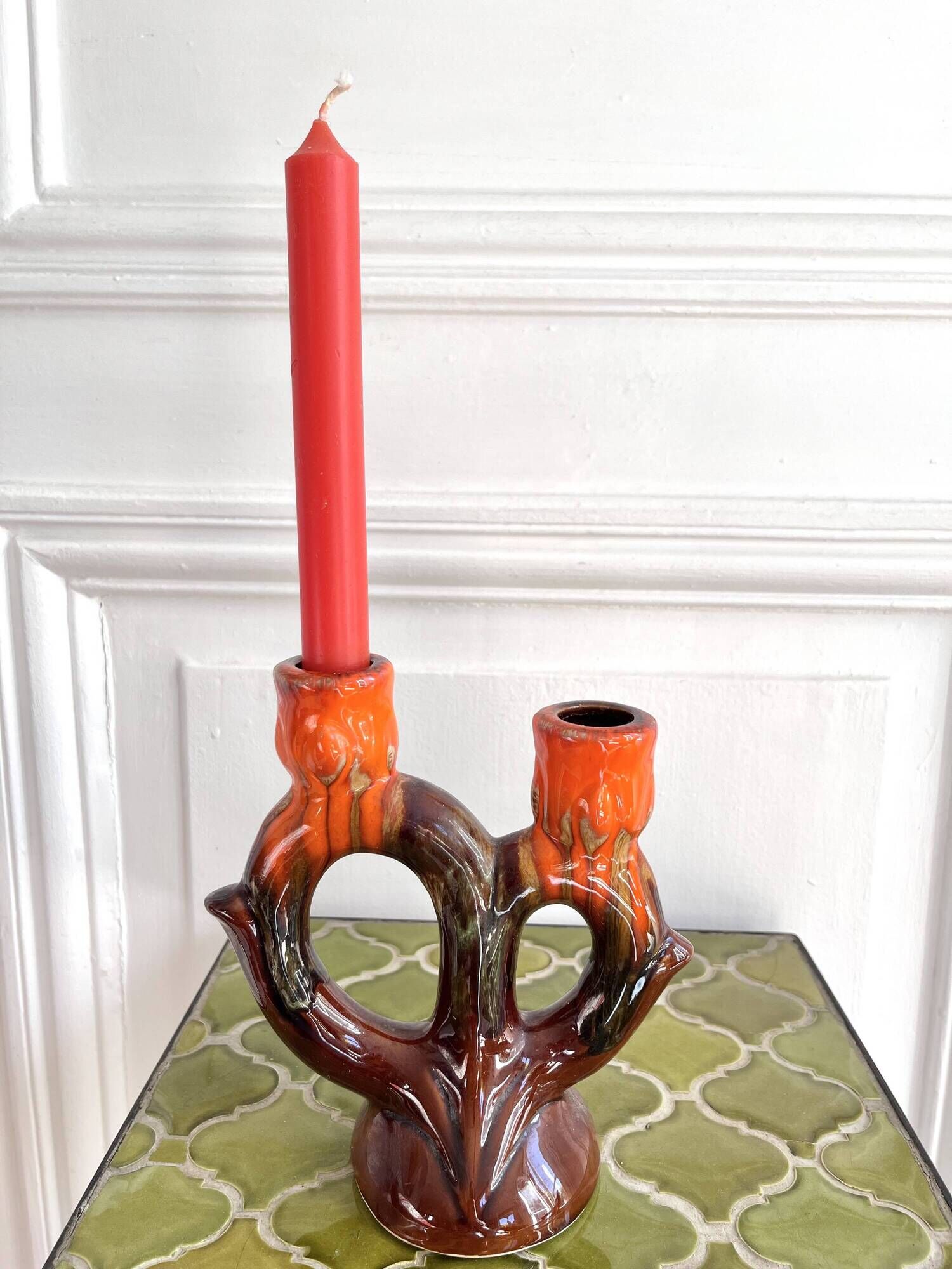 1960s ceramic two-branch candlestick chandelier