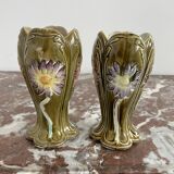 Barbotine vases, pair, Art Nouveau, DE BRUYN earthenware, signed, numbered