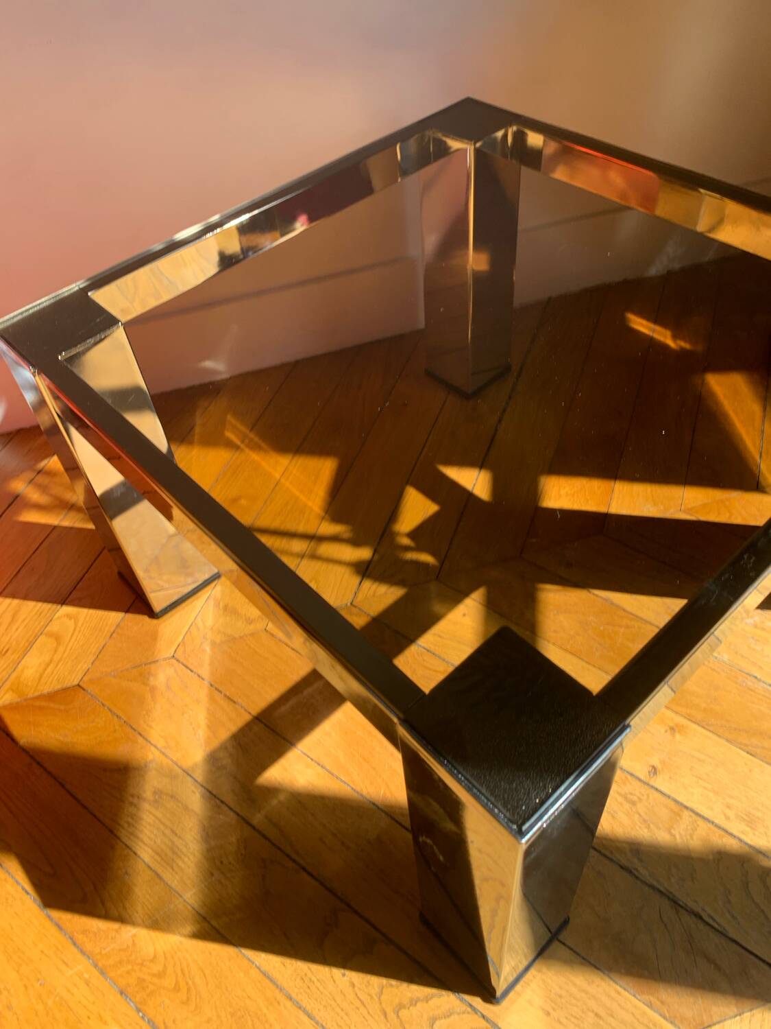 Chromed metal and smoked glass coffee table, 1980s.