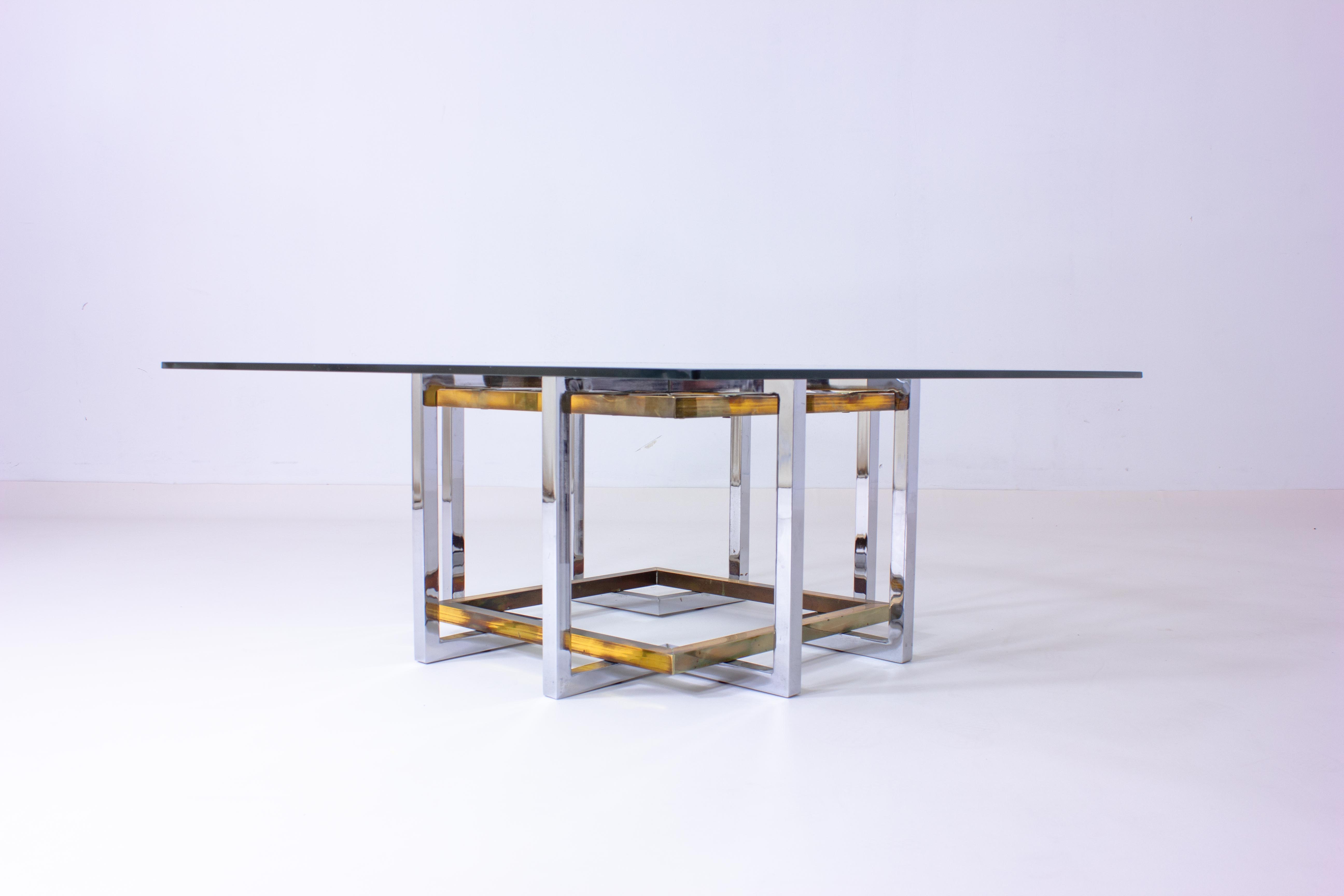 Geometrical brass & chrome coffee table, Belgium 1970s