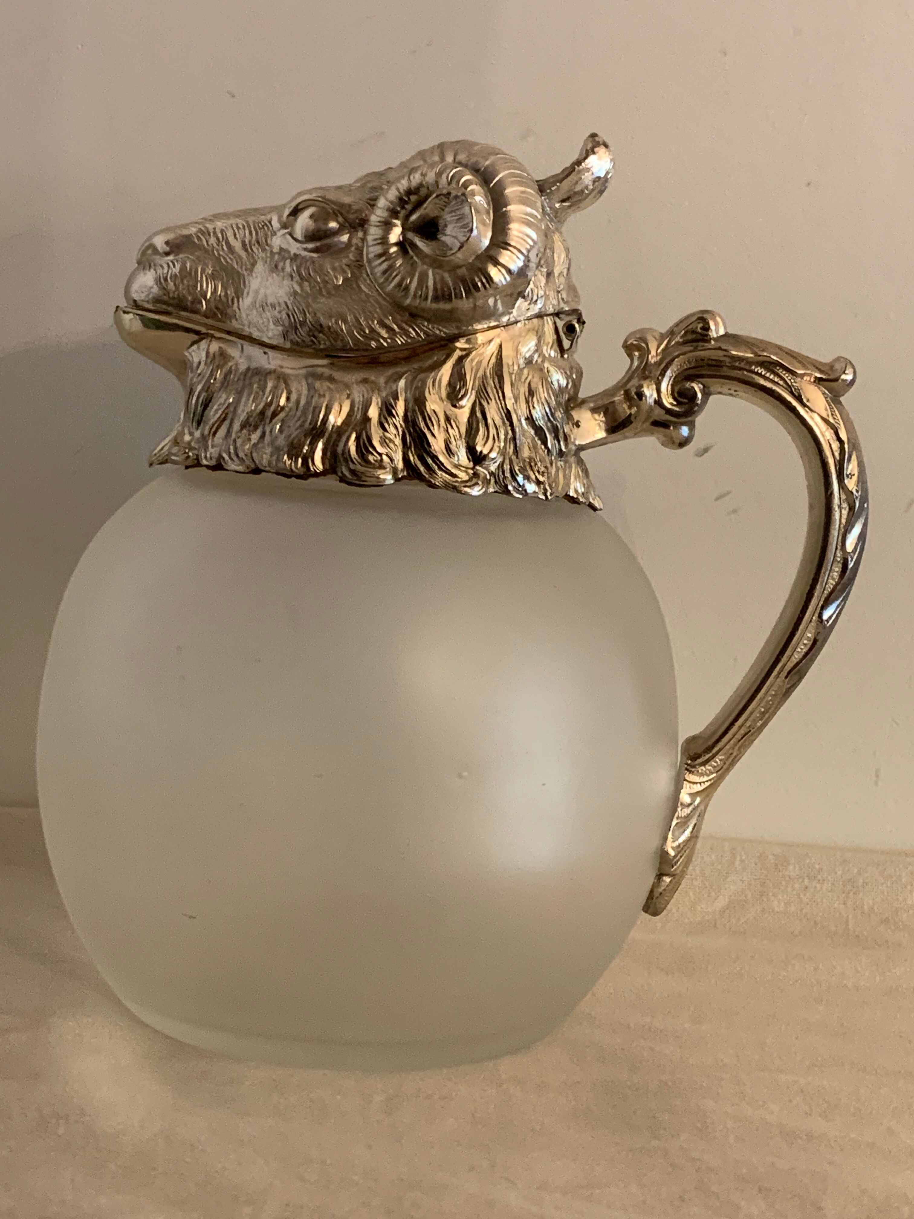 Decanting carafe or frosted glass water broc with silver metal ram head 1970